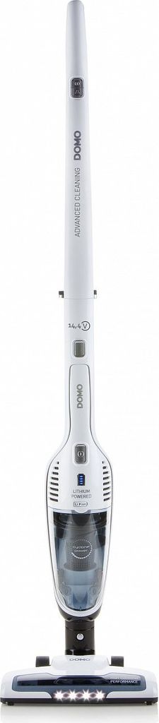 A white cordless stick vacuum cleaner on a white background.