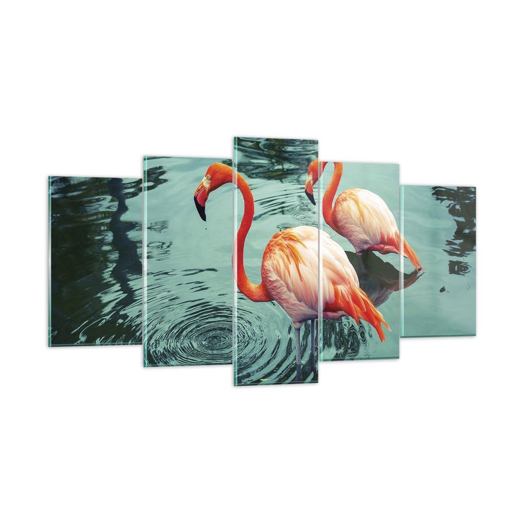 Bilder auf glas - 5 Teile - Rosa Flamingos Wasser - 160x85cm - Glasbilder - Wandbilder - Bilder - zum Aufhängen bereit - Wanddekoration aus Glas -...