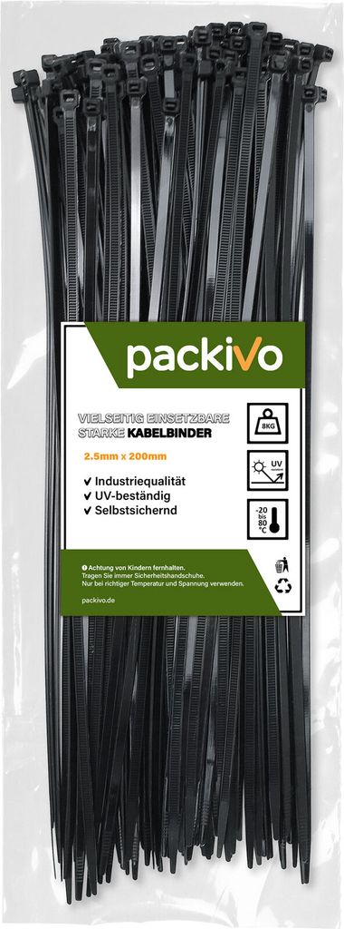 PACKIVO Profi Kabelbinder 2,5 x 200mm starke Kabelbinder Industriequalität UV Beständig Zugfestigkeit 8Kg für Kabelmanagement, DIY