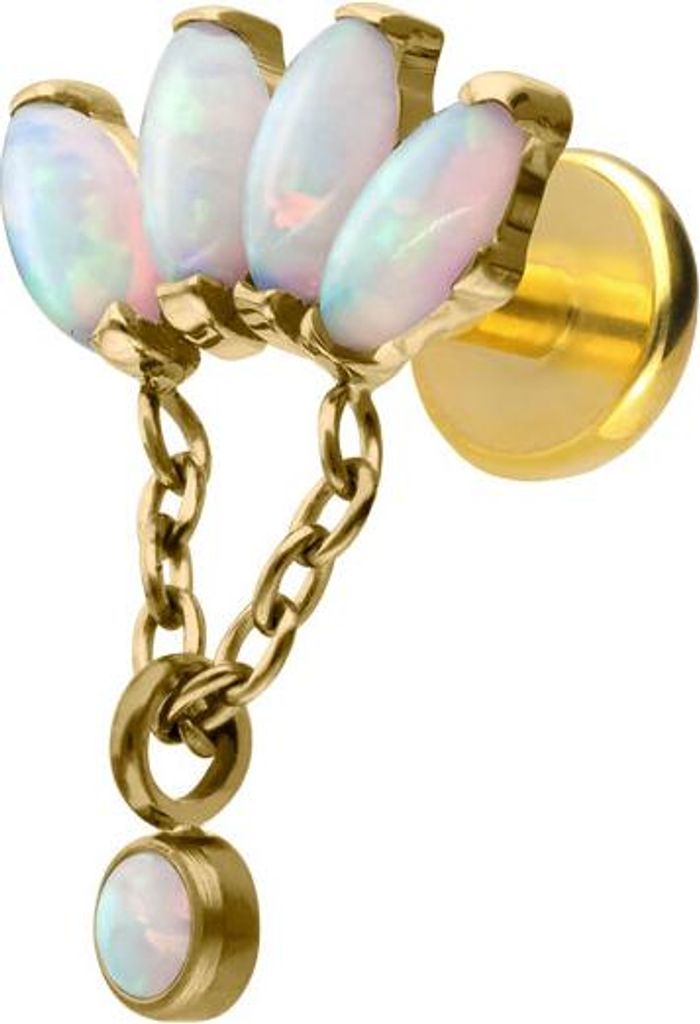 Ohrpiercing, Nasenpiercing Titan Labret mit Push Fit LOTUSBLÜTE + SYNTHETISCHE OPALE Gold Stablänge: 5mm | Stabstärke: 1mm