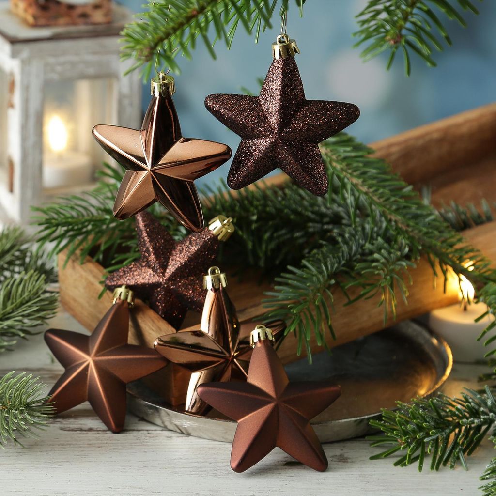 Christbaumschmuck STERNE - Weihnachtsbaumschmuck - bruchfest - H: 7,5cm - braun - 6er Set