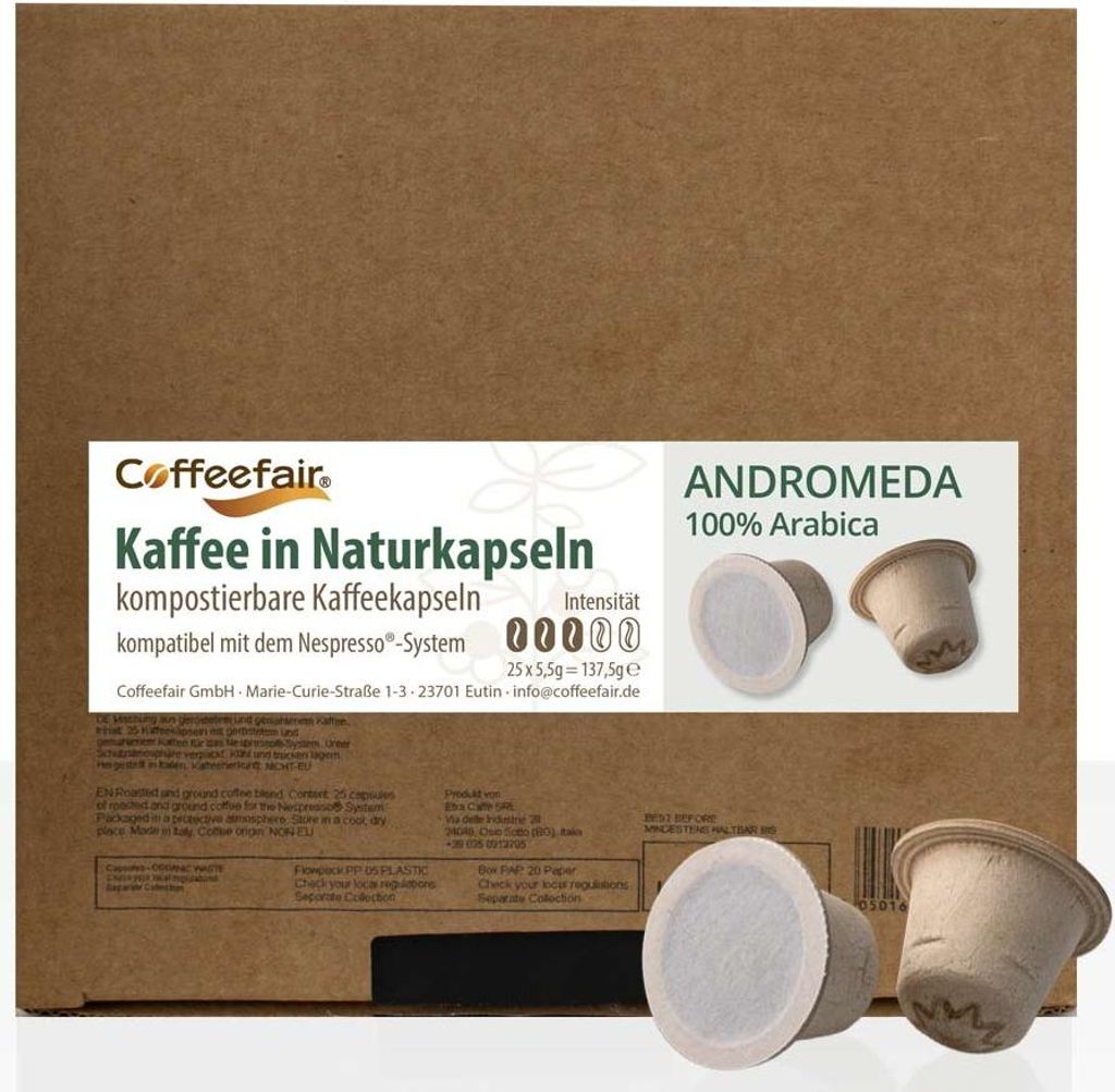 Coffeefair Naturkapseln Andromeda 25 Stk, kompostierbare Kaffeekapseln, kompatibel mit Nespresso