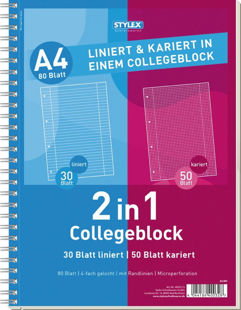 STYLEX Collegeblock 2 in 1 liniert und kariert DIN A4 Produktbild 