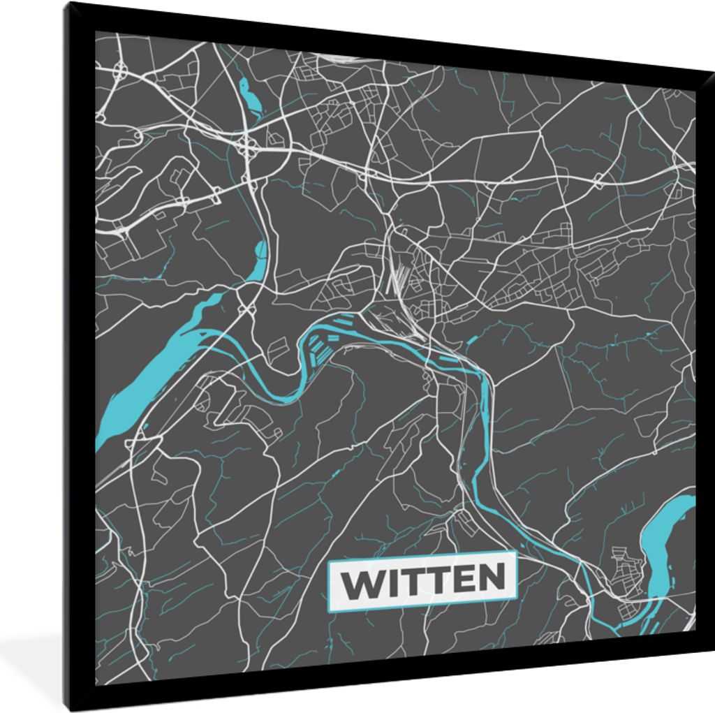 MuchoWow Gerahmtes Poster Blau - Deutschland - Karte - Stadtplan - Witten 40x40 cm - Poster mit Schwarzem Bilderrahmen Wandposter Rahmen Foto Bil...