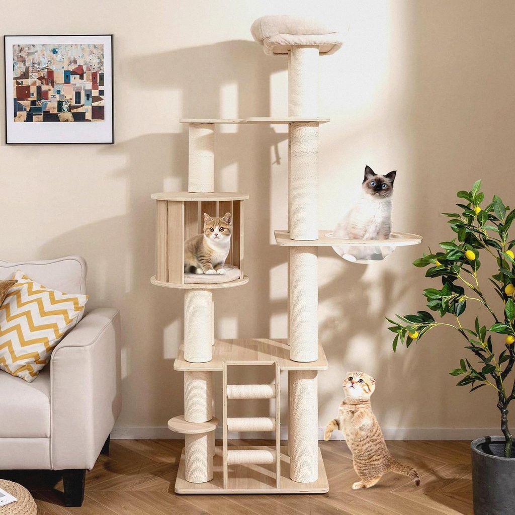 Kratzbaum Groß, 185 cm, Katzenbaum mit dicken Stämmen, Katzenhöhle, Raumkapsel, Sitzplatz & Leiter, Katzenkratzbaum Holz, Katzen Katzenmöbel, K...