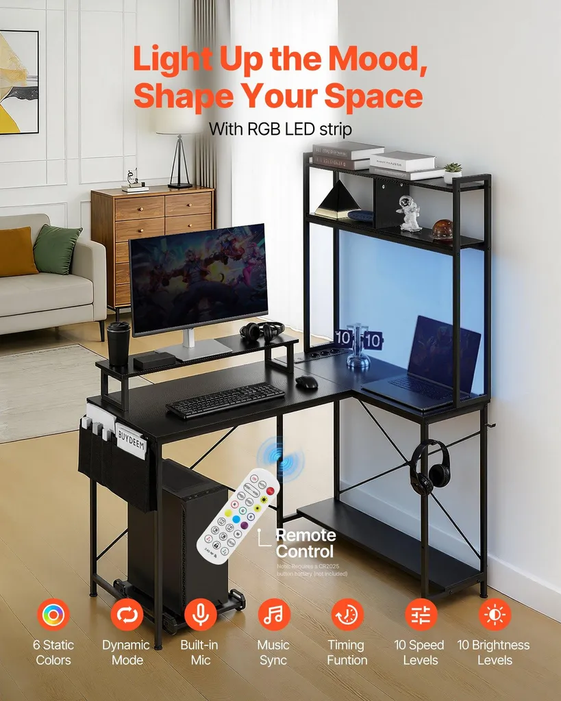 Bureau d'angle pour ordinateur 120 cm avec rangement et prises USB