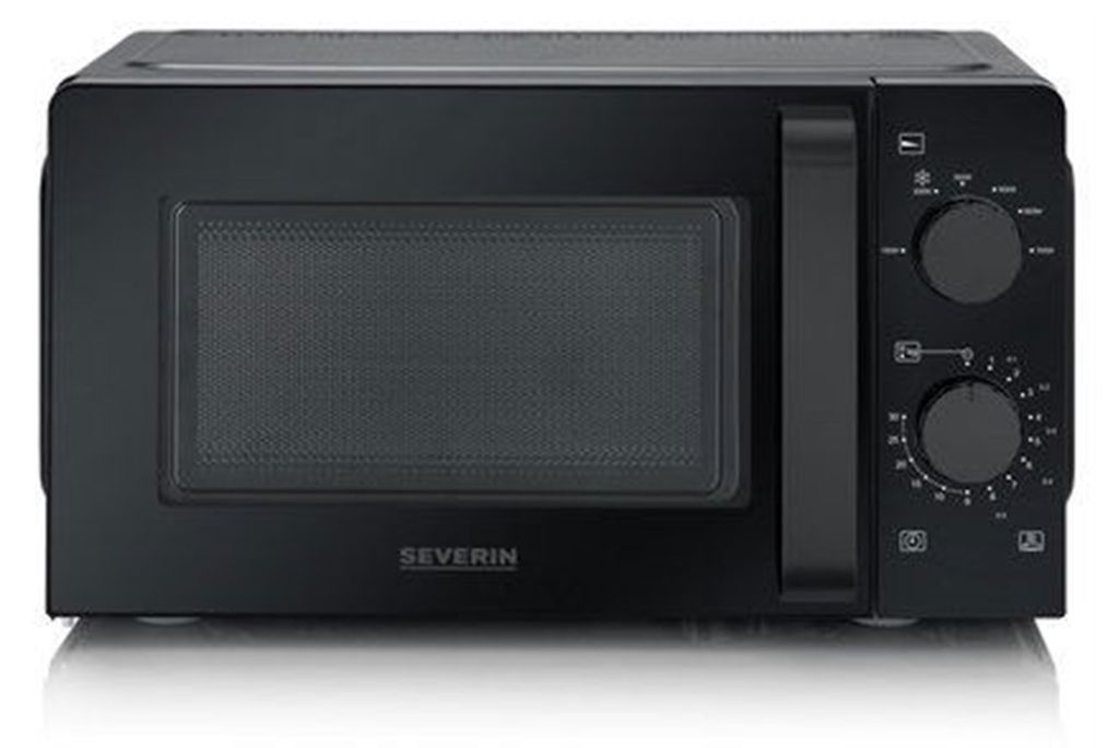 A black SEVERIN microwave is shown from the front on a white and gray surface.