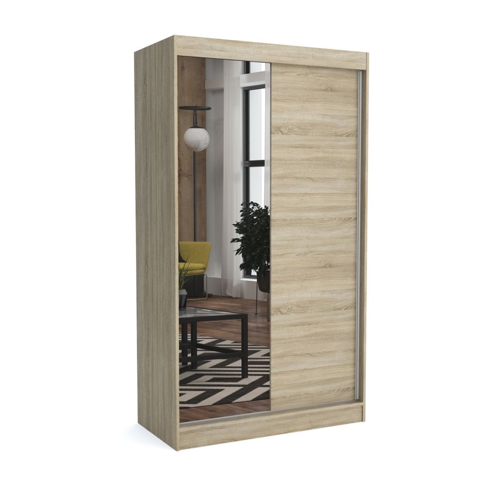 Brent - Kleiderschrank mit Spiegel Tom, Schlafzimmerschrank mit 1 Kleiderstange und Einlegeböden für Kleidung, 100x215x60 cm, Sonoma Eiche