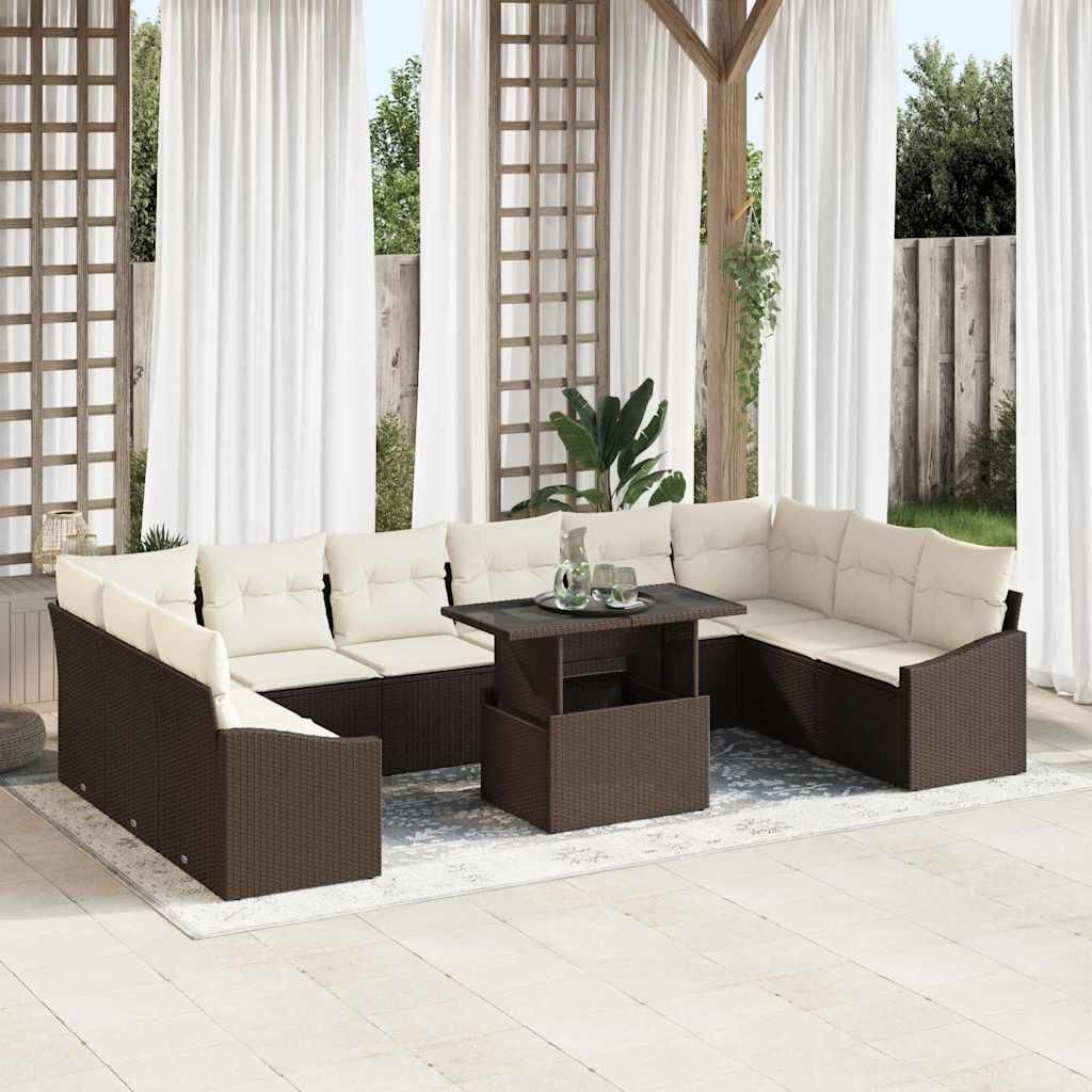 "2026 Promotion" Sofa Set mit Kissen - 11 pcs - Terrassen-Sofa - Braun und Creme Poly-Rattan - Gartensofas CC18968