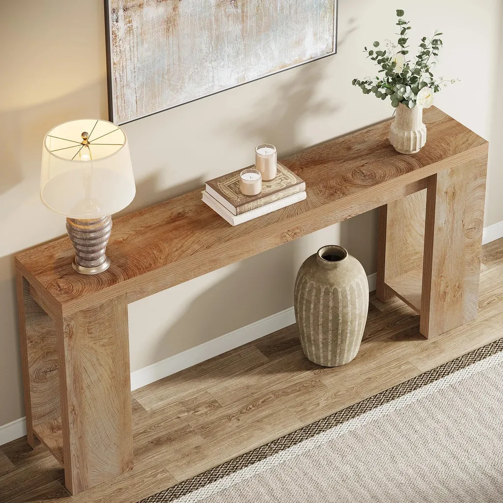 Console extra longue 160 cm en chêne brun clair avec rangement intégré