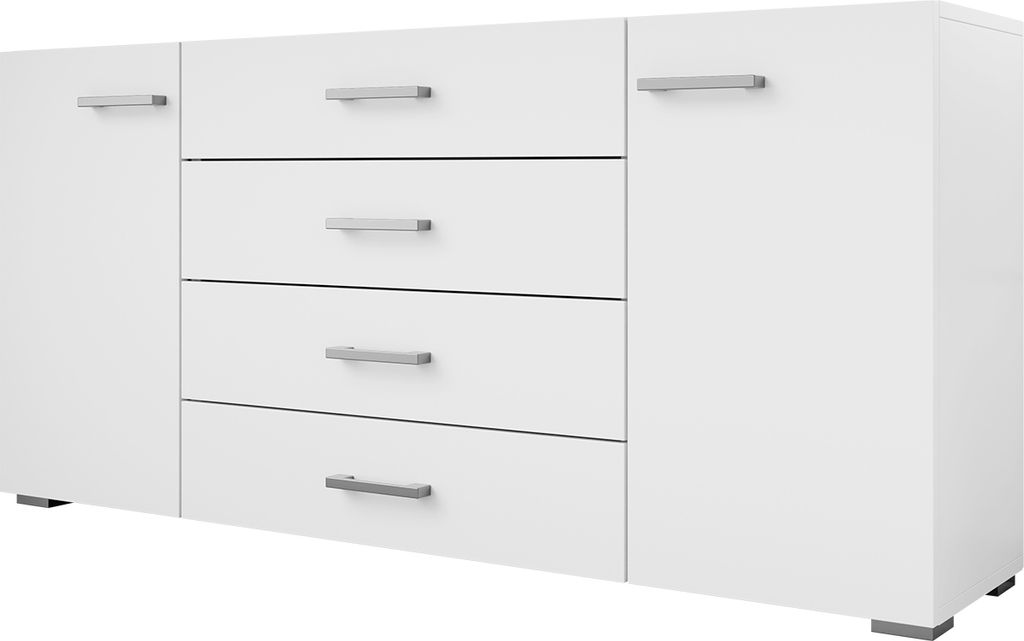 A white sideboard with four drawers and two doors, shown from a slight angle against a white background.