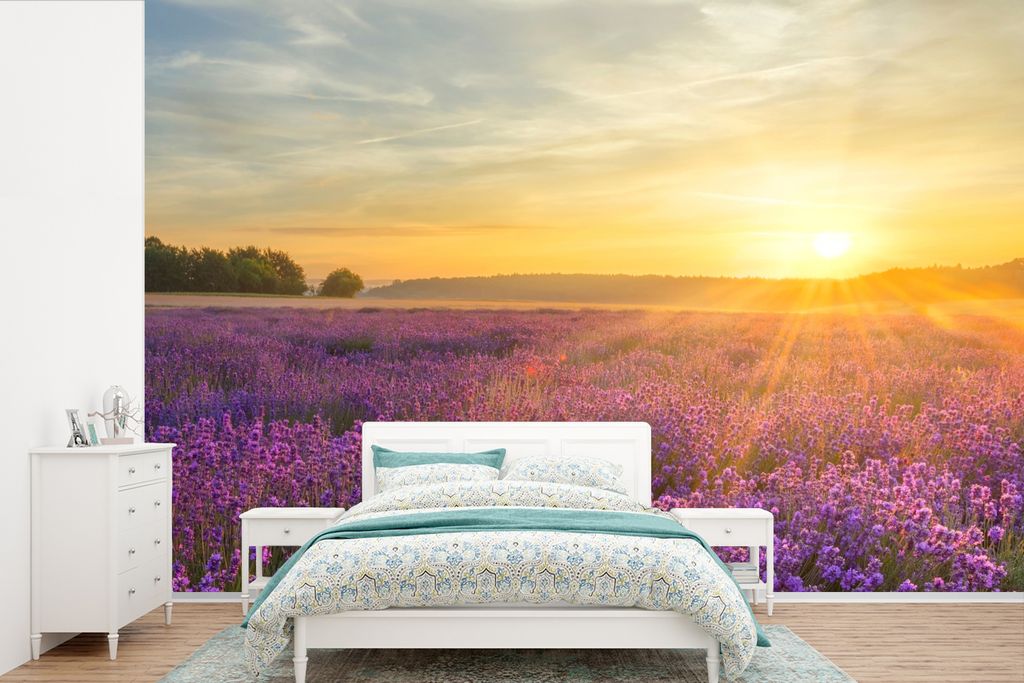 MuchoWow Fototapete für Wohnzimmer oder Schlafzimmer Wandtapete Vinyl Motivtapete Lavendel - Sonnenuntergang - Bäume - Lila - 390x260 cm - Papi...