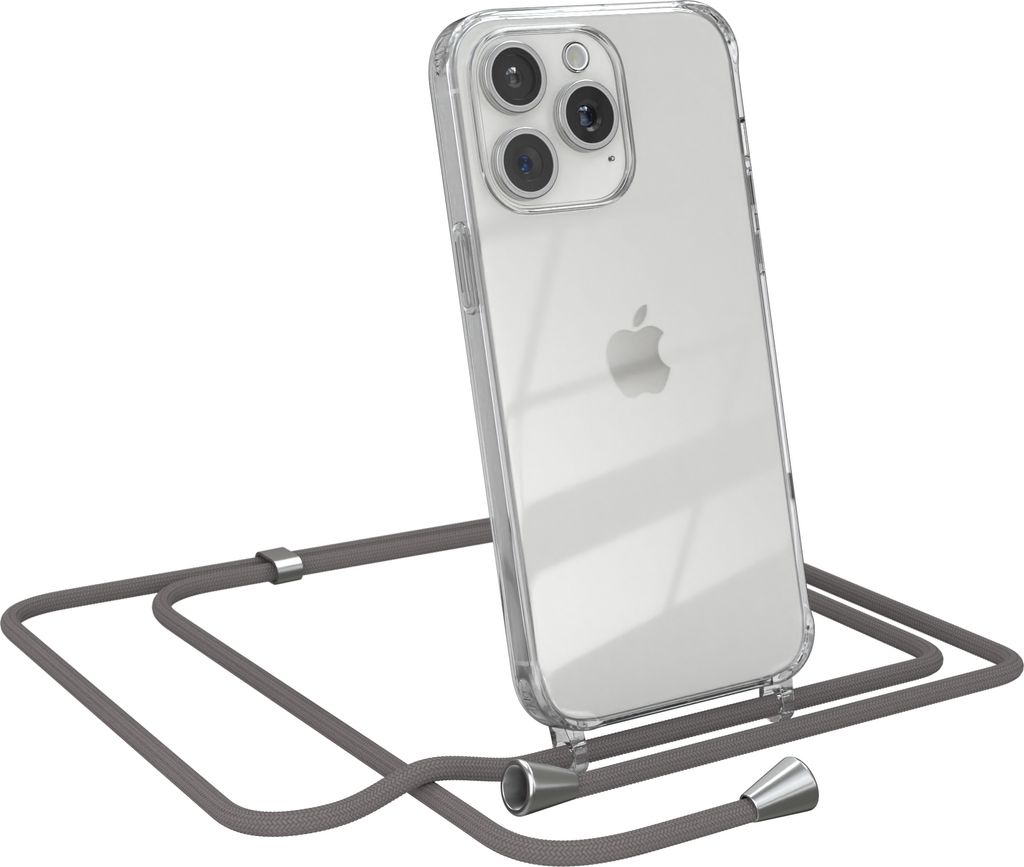 EAZY CASE Handykette kompatibel mit Apple iPhone 15 Pro Max, Handyhülle mit Umhängeband, Handykordel, Schutzhülle Clear, Band in Grau