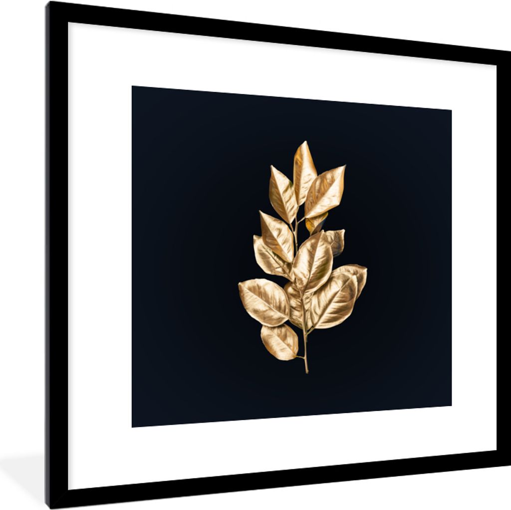 MuchoWow MuchoWow Gerahmtes Poster Pflanze - Blätter - Gold - Schwarz - Luxus 40x40 cm - Poster mit zchwarzem Bilderrahmen - Poster - Plakat i...