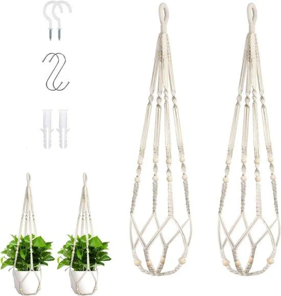 Porte-plante suspendu en macramé blanc et perles de bois, set de 2 pièces