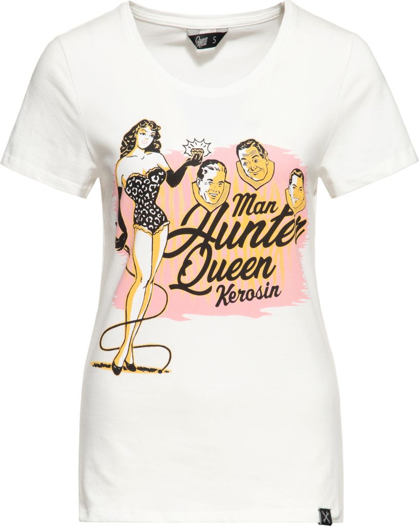 QUEEN KEROSIN Print T-Shirt Mit Plakativem Vintage Front Print Man Hunter Weiß Xxl