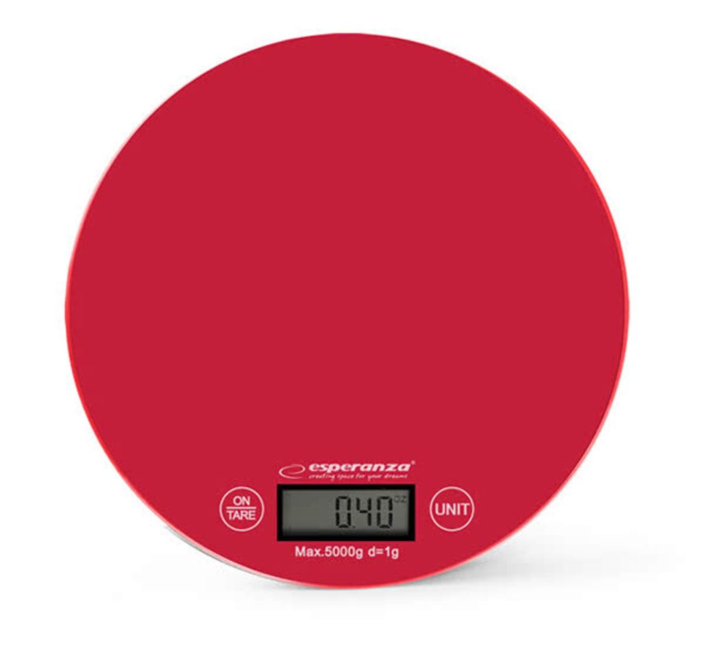 A red digital kitchen scale with its display showing '0.40'.