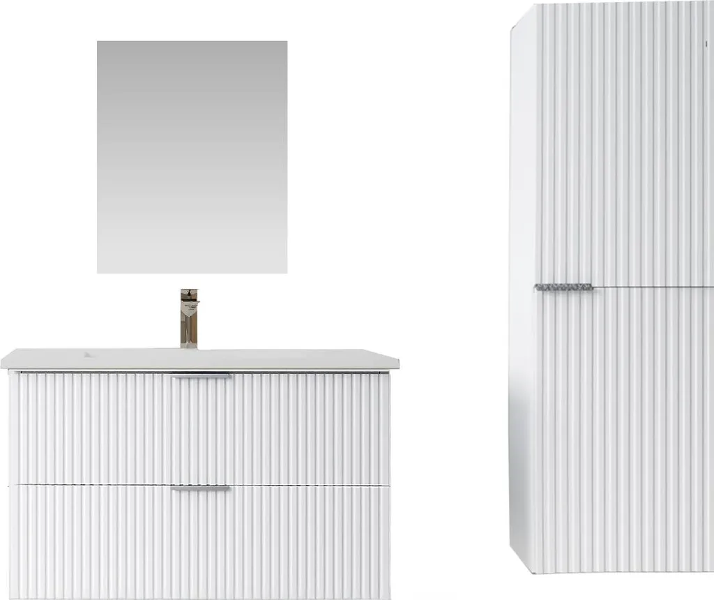 Pack Meuble Salle de Bain 60cm et Colonne MILO Façades Blanches Ondulées