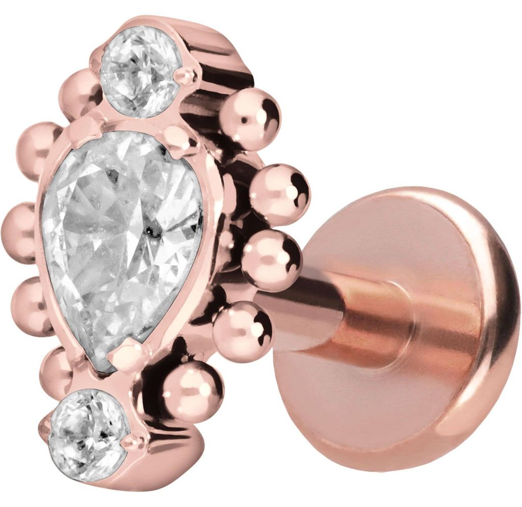 Ohrpiercing, Nasenpiercing Titan Labret mit Push Fit 3 EINGEFASSTE KRISTALLE + KUGELN RoséGold Stablänge: 5mm | Stabstärke: 1,2mm
