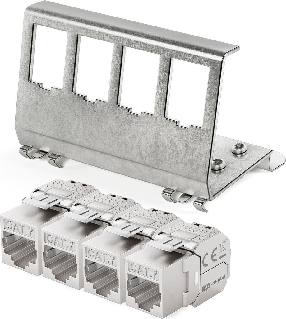 hb-digital Hutschienenadapter 4 Port mit CAT 7 Keystone Modul RJ45