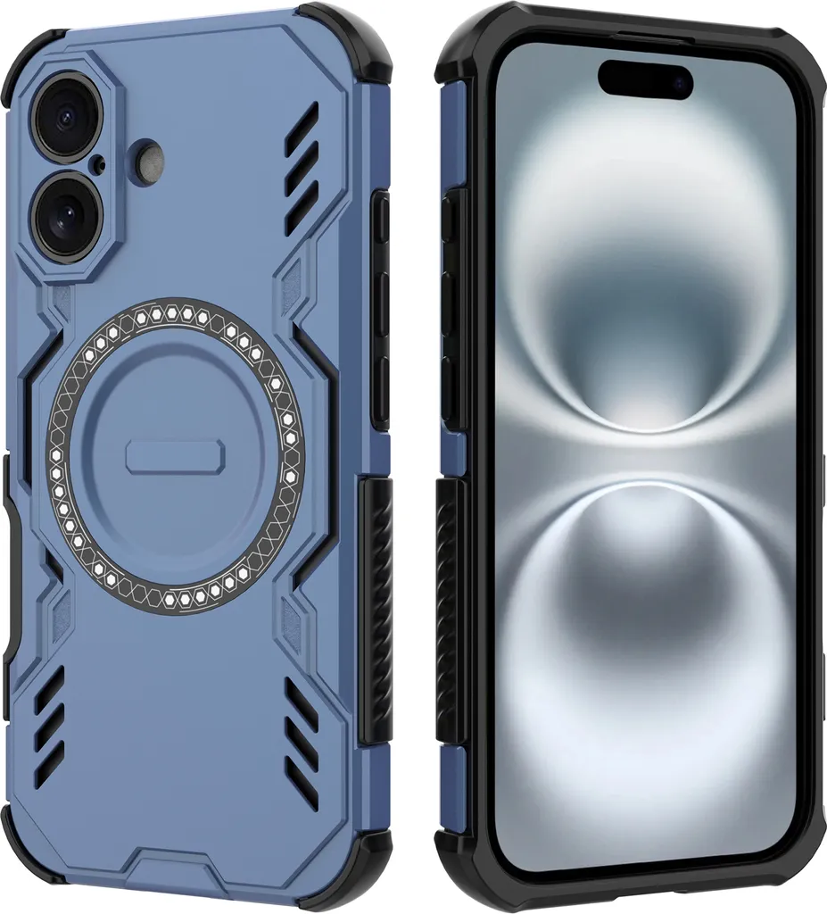 Custodia magnetica per iPhone 16, paraurti ibrido in PC e TPU, prese d'aria per la dissipazione del calore Custodia blu