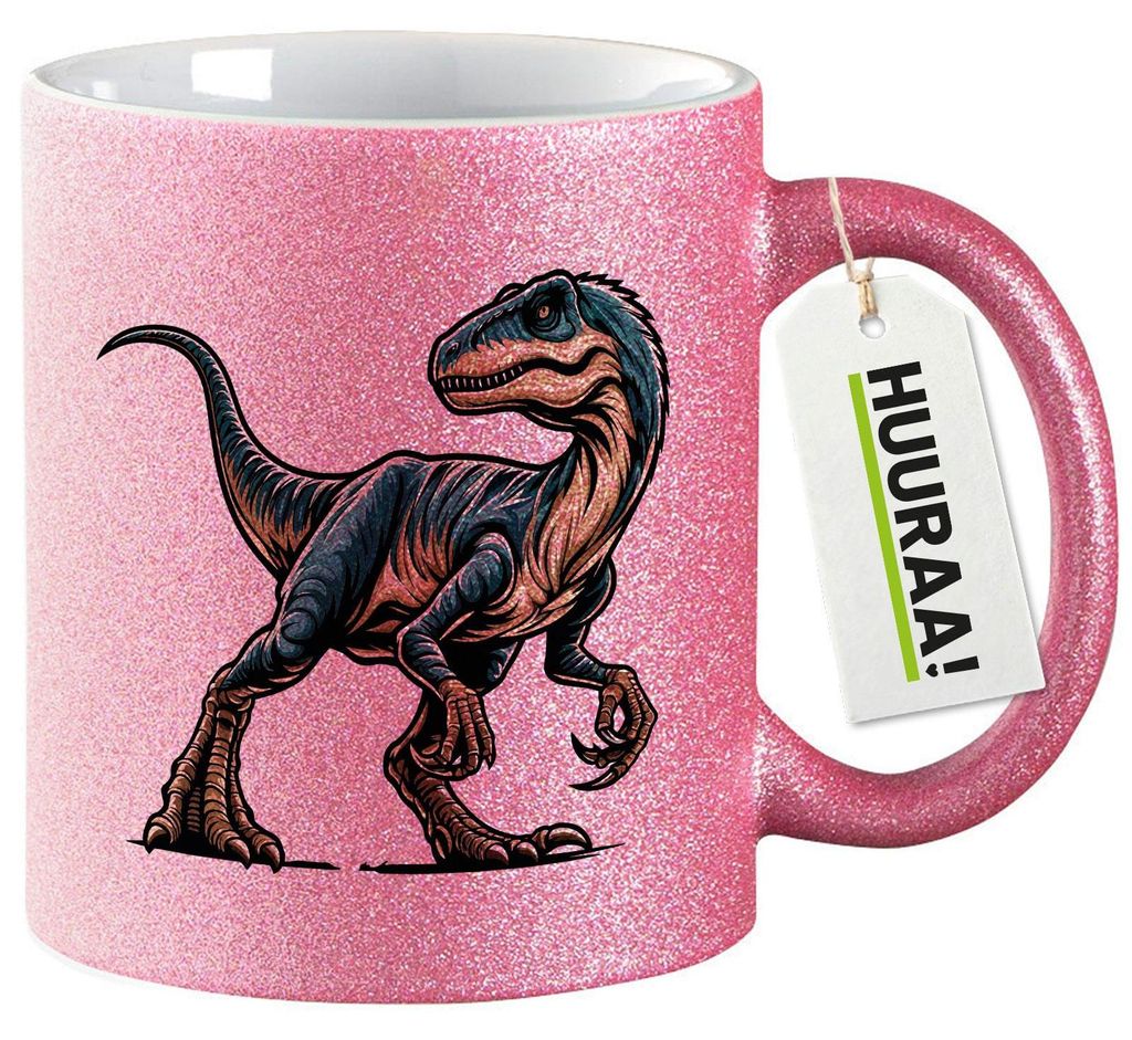 Huuraa Glitzertasse Velociraptor Dinosaurier 330ml Pink Keramik Kaffeebecher Geschenkidee