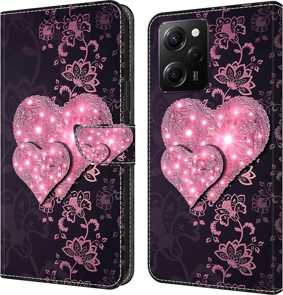 CLM-Tech Hülle kompatibel mit Xiaomi Redmi Note 12 Pro 5G - Tasche aus Kunstleder - Klapphülle mit Ständer und Kartenfächern, schwarz - rosa He...