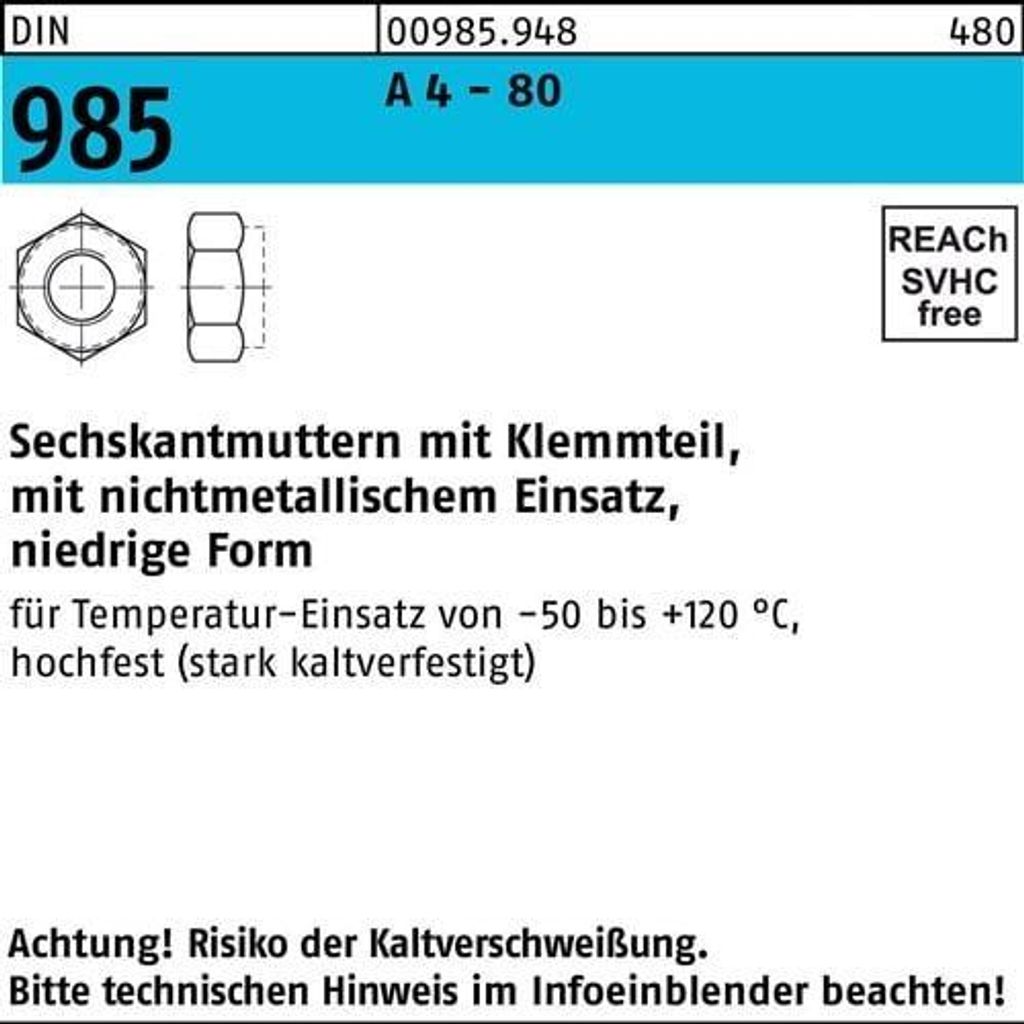 Reyher Sechskantmuttern DIN 985 A 4-80 M 5 A 4 (1000 Stück)