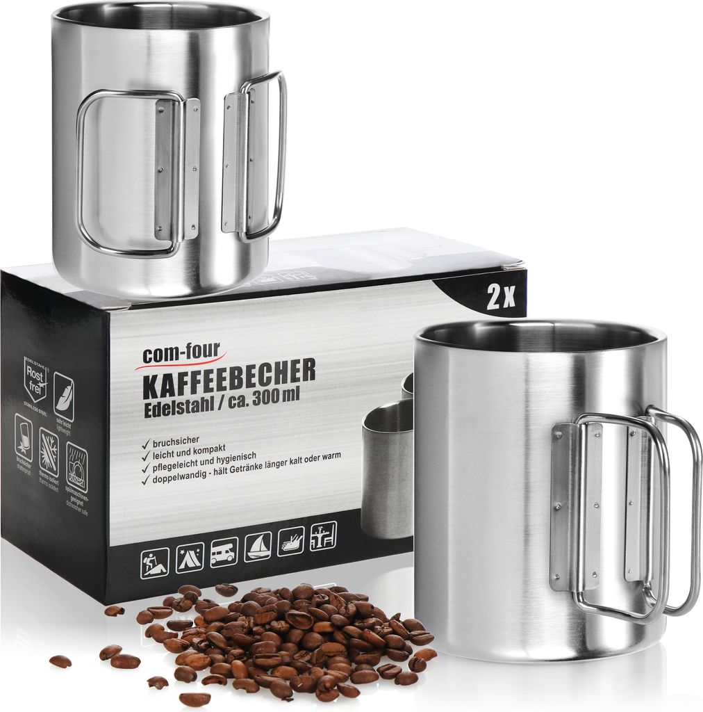 com-four 2x Edelstahl-Kaffeebecher - 300 ml je Tasse - Thermo-Trinkbecher aus rostfreiem Edelstahl 304 mit Klapphenkel - doppelwandige Isolierbec...