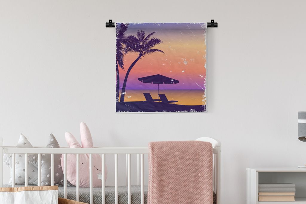 MuchoWow Wandteppich Wandbehang Strandkorb - Sonnenschirm - Nacht - Aquarell 60x60 cm Tapisserie Dekoration Wandtuch - Dekorationen - Wand Decke