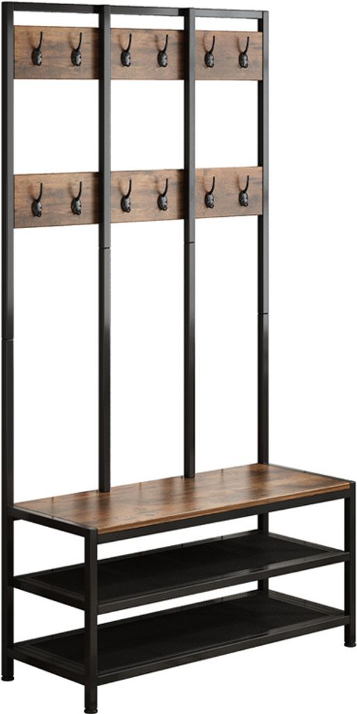 A freestanding coat rack and shoe bench with multiple shelves and hooks.