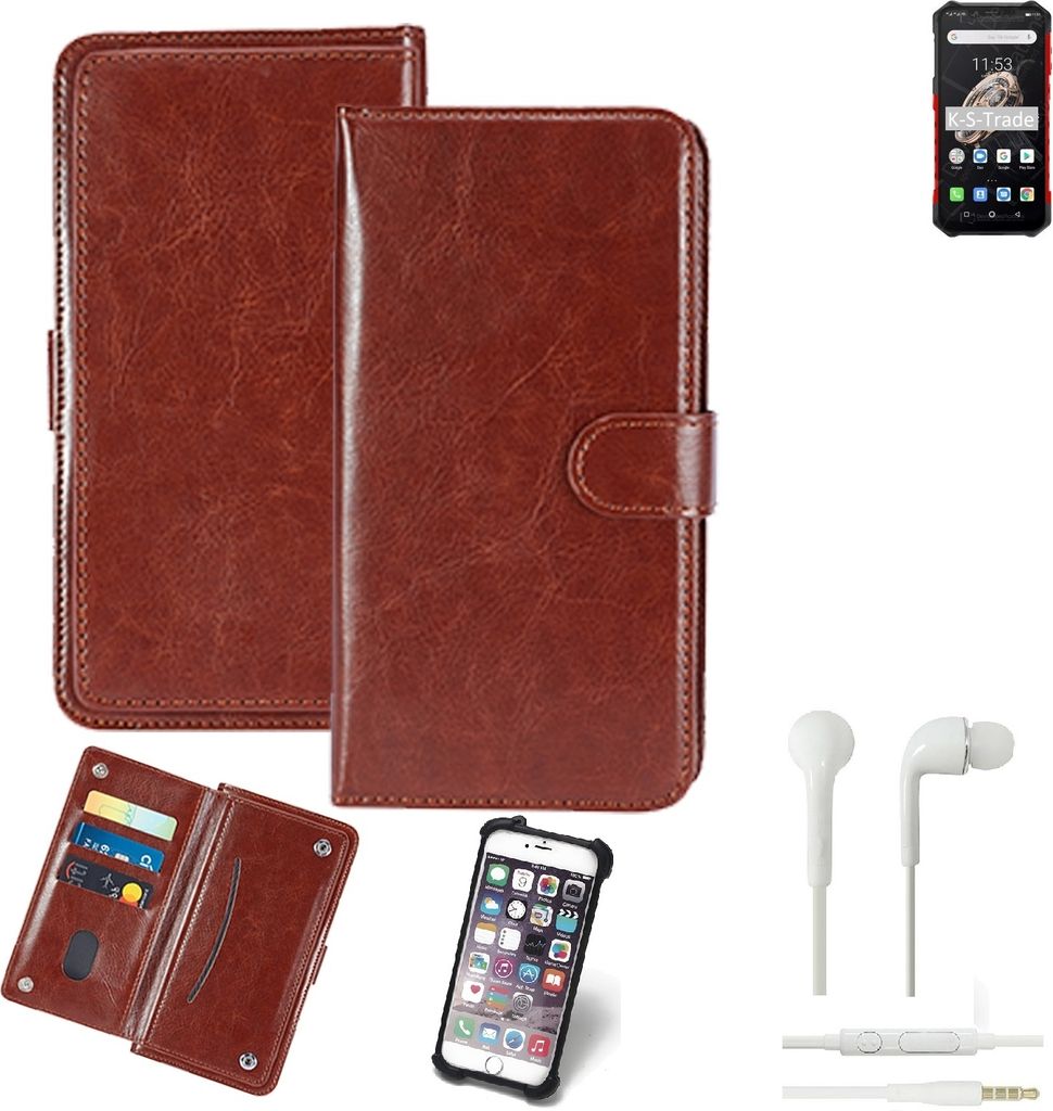 K-S-Trade 360° Hülle kompatibel mit Ulefone Armor 6S inkl. Headphones braun Kunstleder Case BookCase WalletCase Kunstlederederhülle Handyhülle,