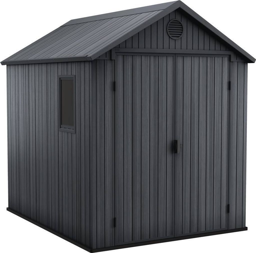 A dark gray shed with a window and double doors, presented against a white background.