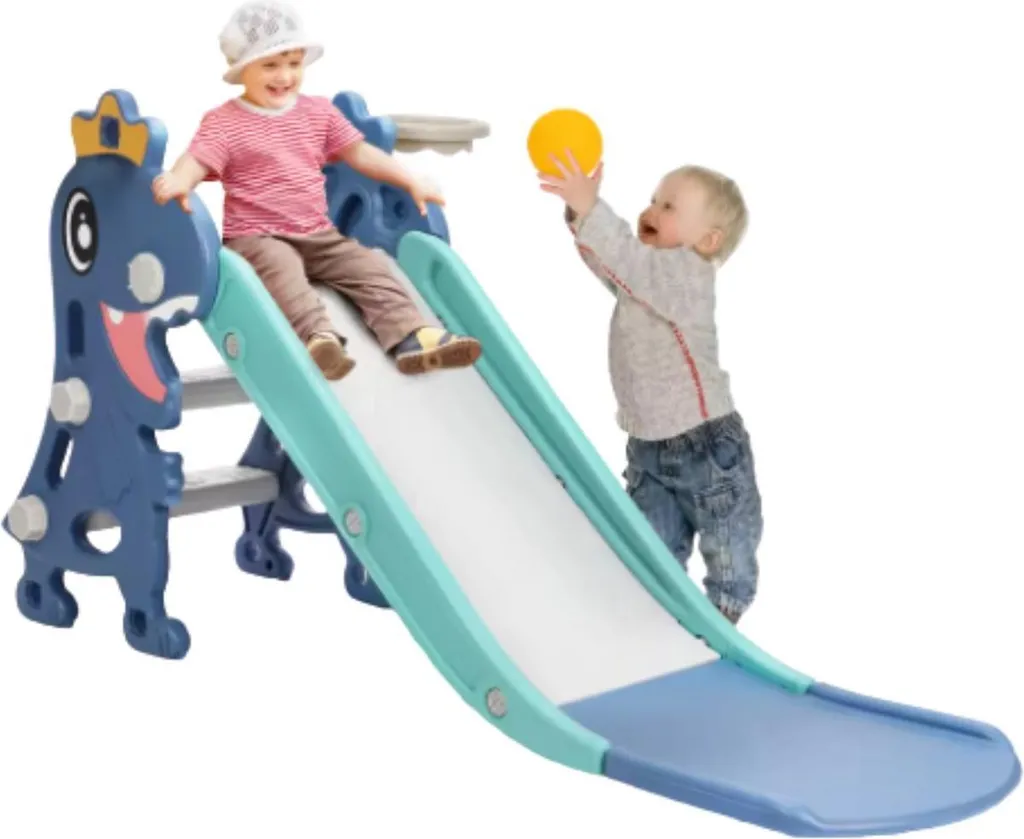 Scivolo per bambini Vortex 3 in 1 - Con canestro - Regolabile - Attrezzatura da gioco - Scivolo singolo - Per interni ed esterni - Blu