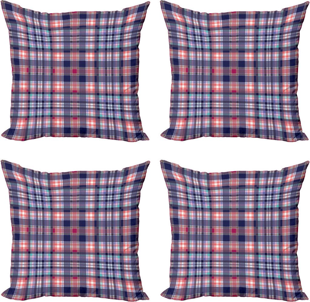 ABAKUHAUS Kariert Kissenbezug Set (4 Stück), Rosa und Blau-Töne, Moderner Doppelseitiger Digitaldruck, 45 cm x 45 cm, Marine-Blau-Rosa