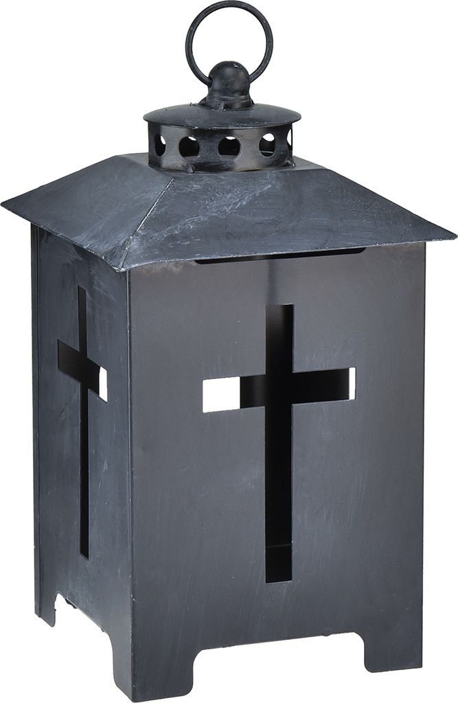 Metall Grablicht Laterne mit Kreuzfenster - Antiklook Grau - Gedenklicht Friedhof 13x27cm
