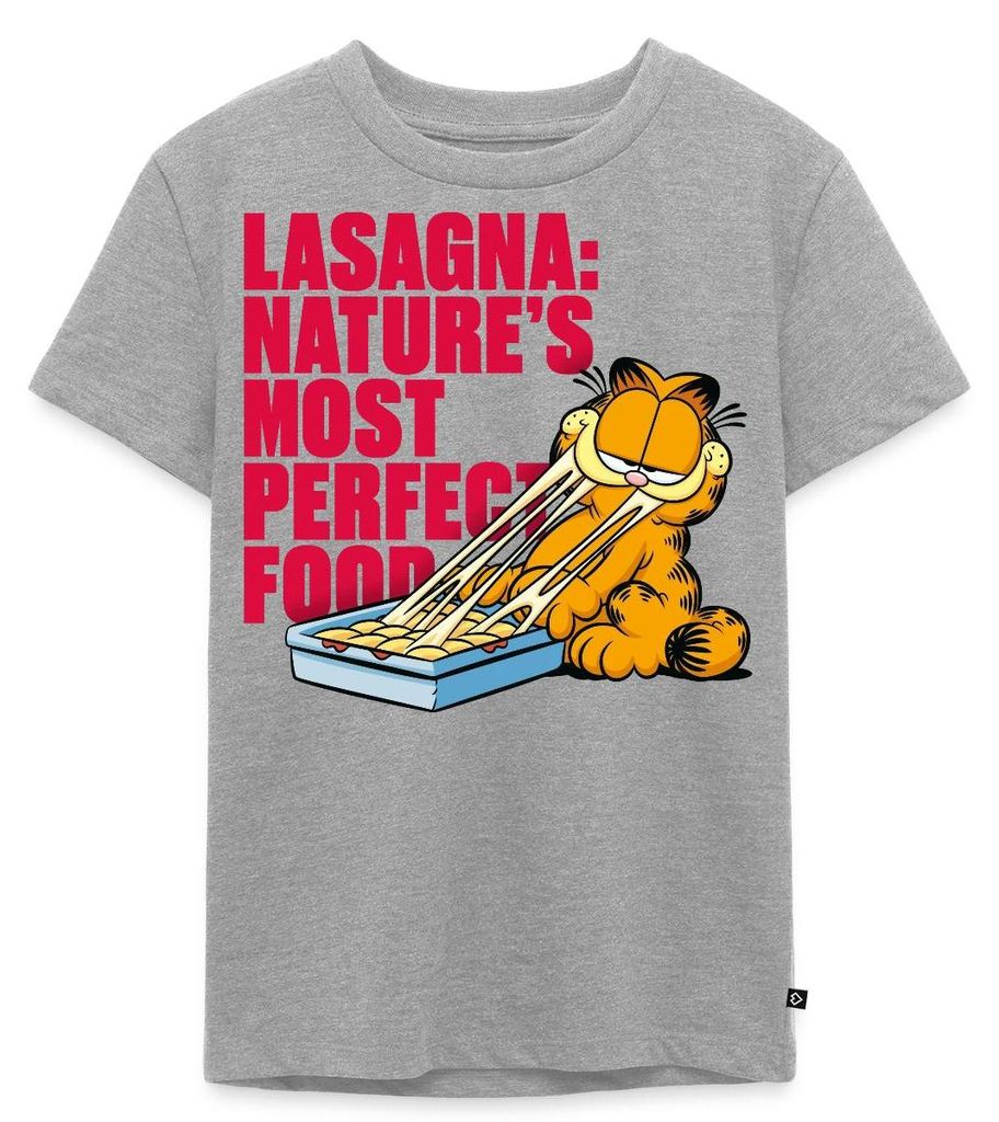 Spreadshirt Garfield Lasagne Das Perfekte Essen Kinder Premium T-Shirt, 98/104 (2 Jahre), Grau meliert