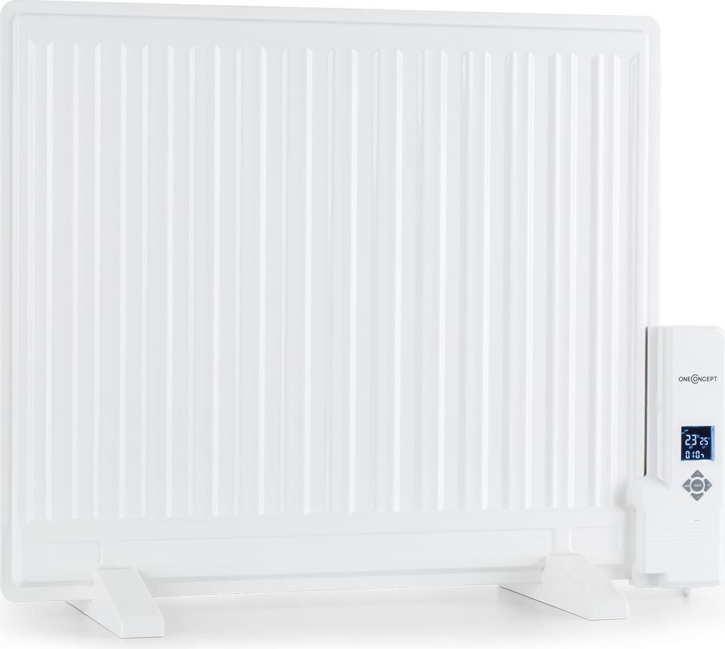 A white electric radiator with a digital display and controls on the right side, shown against a white background.