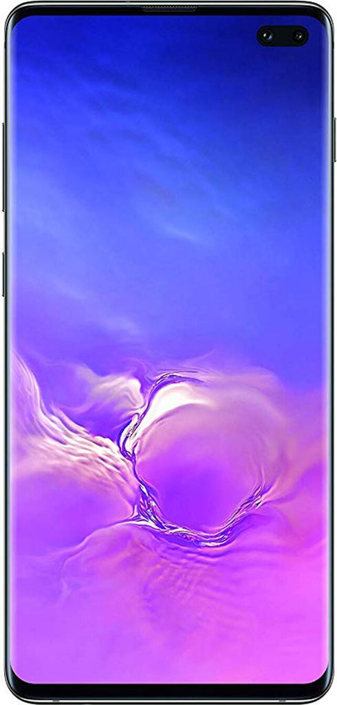 A front-facing view of a black Samsung Galaxy S10+ smartphone with a purple and blue wallpaper displayed on its screen.