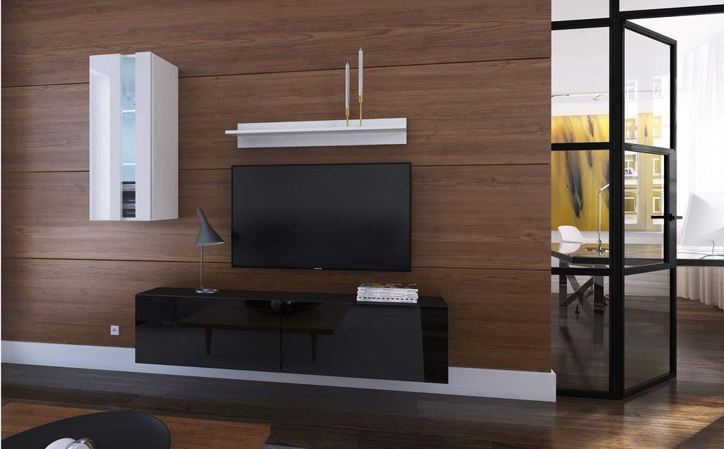 Furnitech Wohnwand Wohnzimmer - Hängend Wohnwand Modern - Regale und TV Schrank - Wohnzimmer Möbel ohne LED (Mery AN271-17BW-HG22 1A Klein)