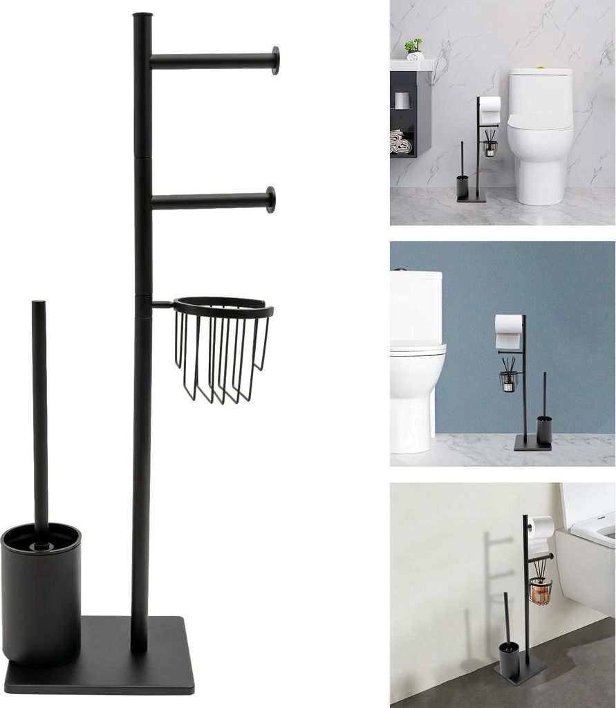 WC-Bürste mit Toilettenpapierhalter - Ständer - Bambus - Integriertes Regal - Vertikales Design - Langlebige Bürste - Schwarz