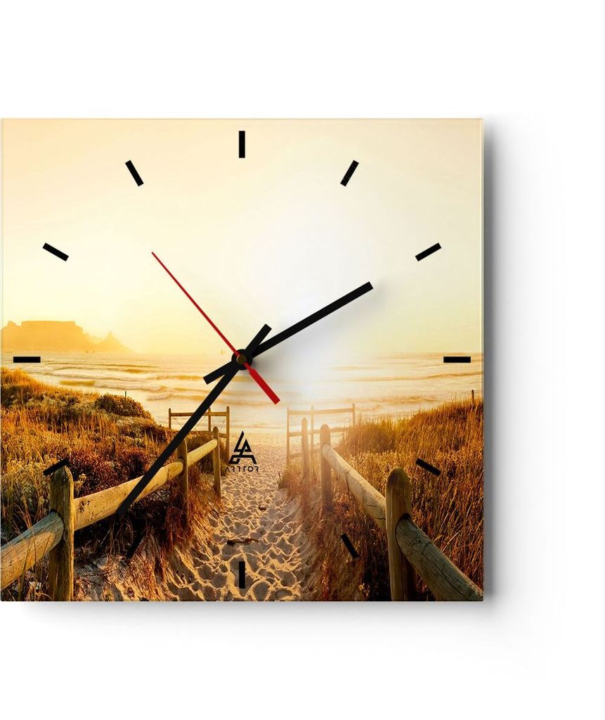 Wanduhr - Quadrat - Glasuhr - Sonnenaufgang Welle Insel Meer - 40x40cm - Schleichendes Uhrwerk - Lautlos - zum Aufhängen bereit - Dekoration Moder...