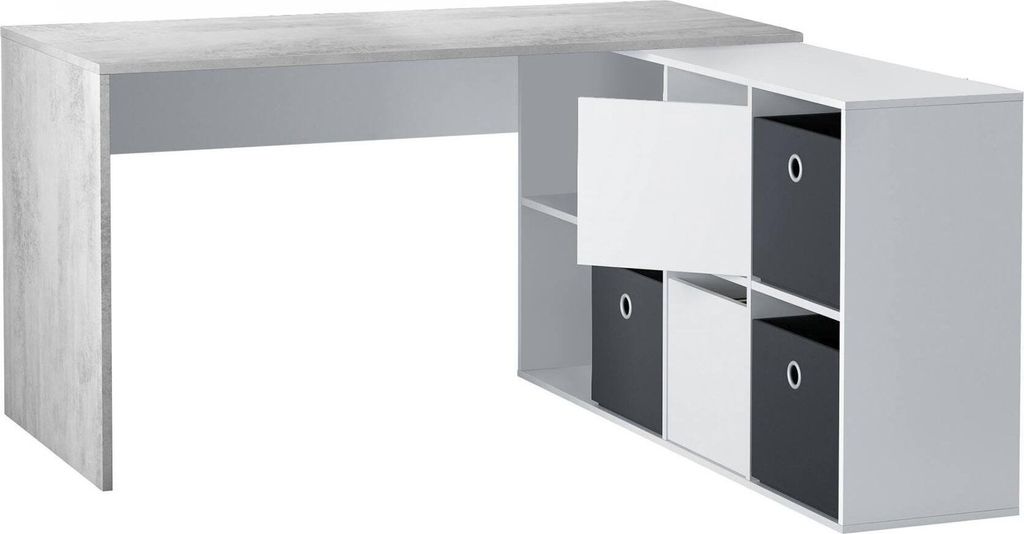 Schreibtisch Dmorlup, Umschaltbarer Multipositions-Schreibtisch, Arbeits- oder Bürotisch für PC mit Regal, 136x139h74 cm, Weiß und Zement