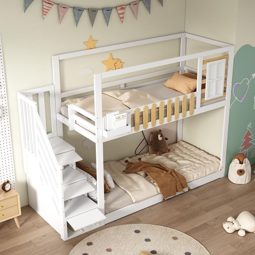 okwish Etagenbett 90x200 mit Treppe,Kinderbett Holzbett mit 3 Schließfächer,Bettgestell mit Regalkasten,Jugendbett mit Sicheres Geländer,Ohne Ma...