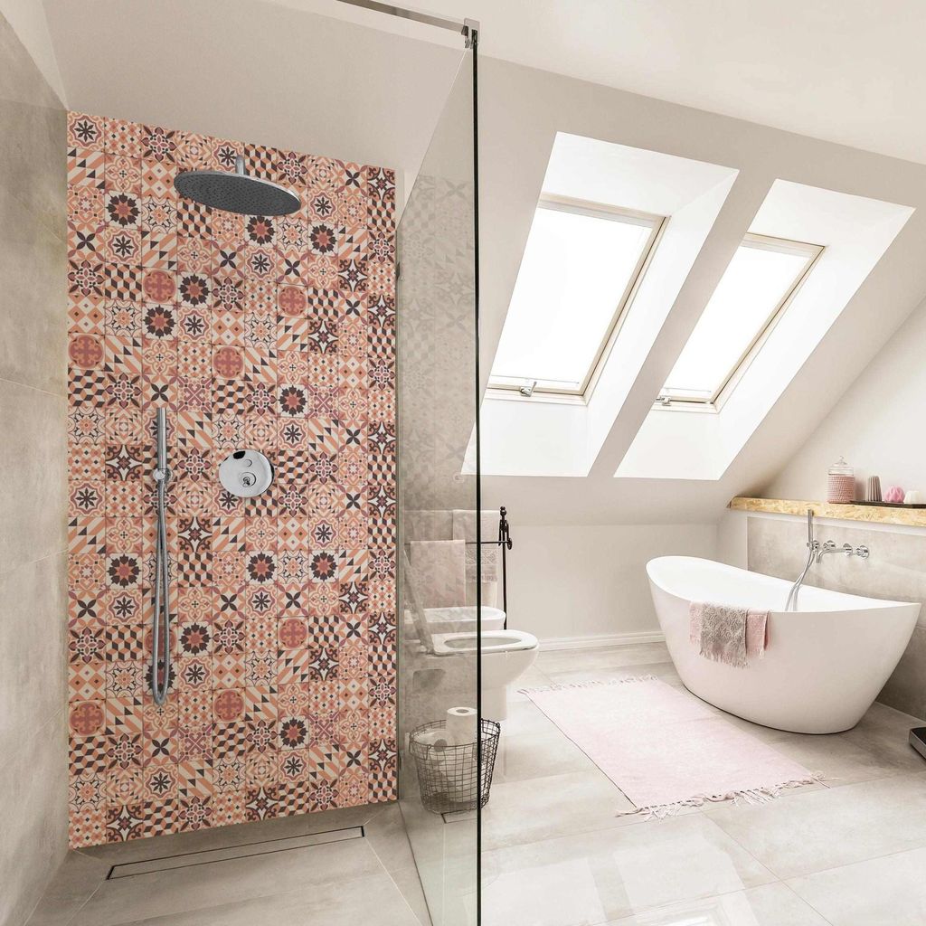Duschrückwand mit Motiv selbstklebend - 0.35 mm Wandpaneel wasserfest Design orange Fliesenoptik Illustration Badrückwand fugenlos Smart matt 11...