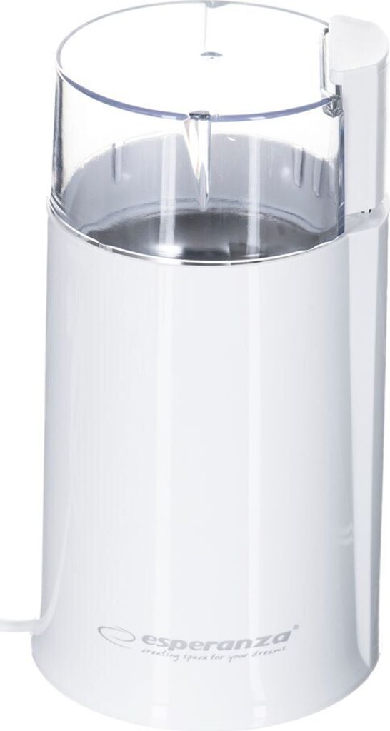 A white electric coffee grinder with a clear lid, shown from the front.