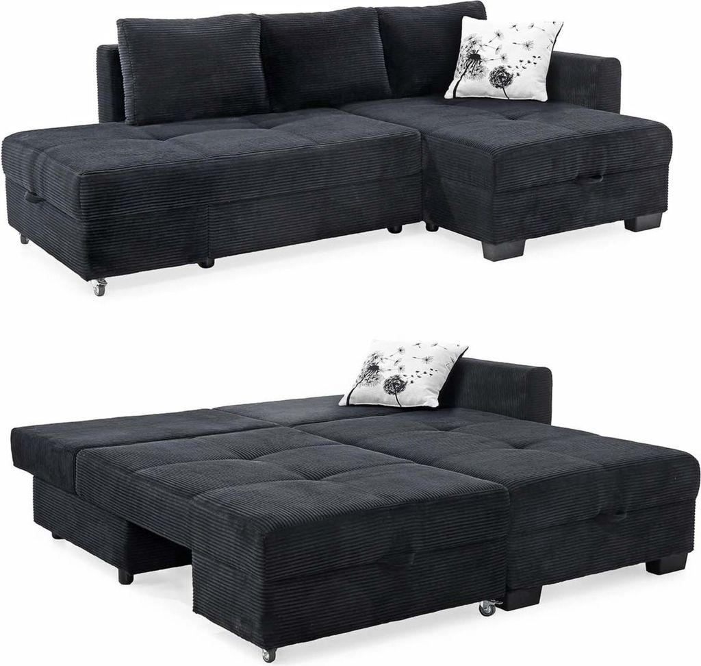 Ecksofa Schwenkfunktion Doppelbett Schlafcouch Bettkasten Cordbezug in Schwarz / 15216