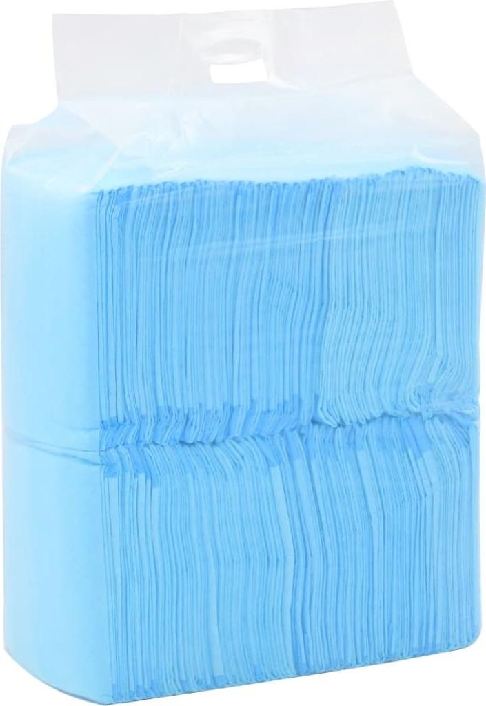 A stack of blue dog toilet mats in clear plastic packaging.