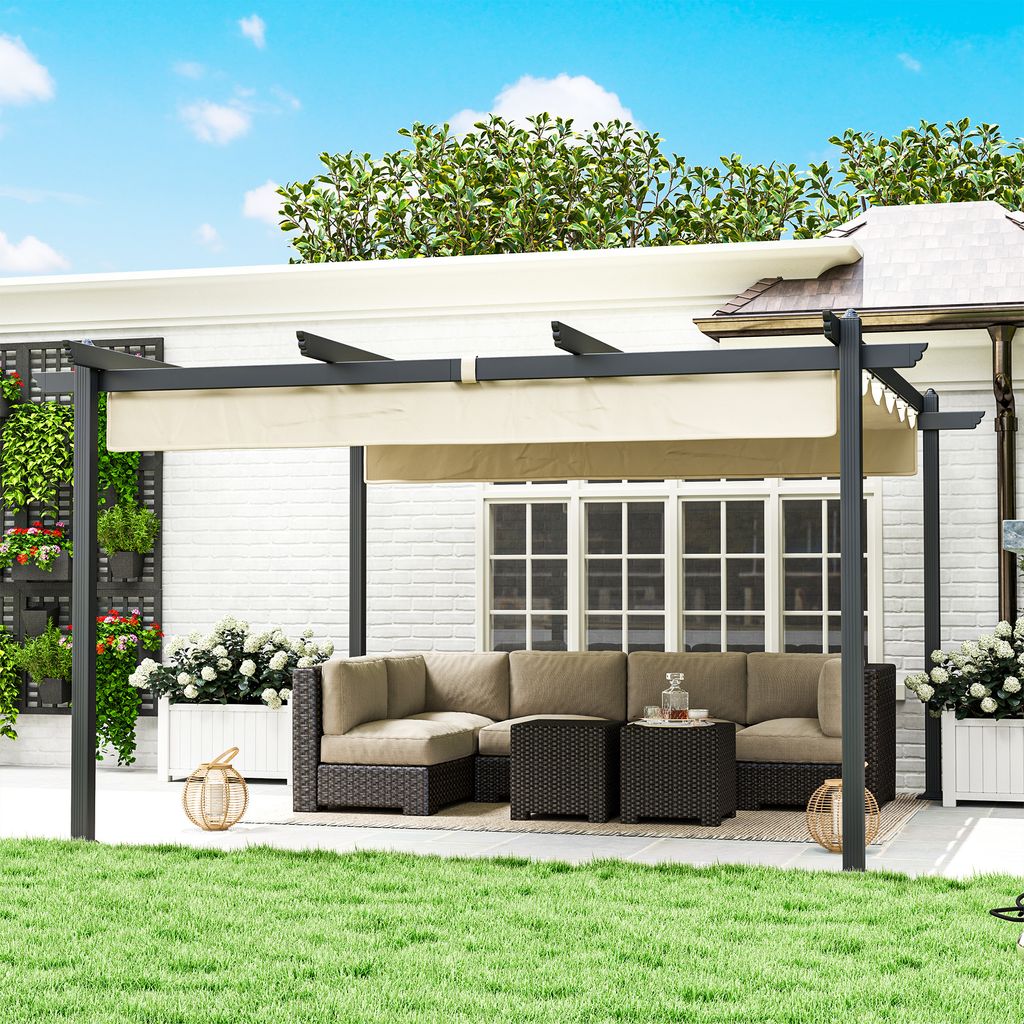 Outsunny Pergola, 4,2 x 2,95 m Pavillon, Terrassenpavillon mit Ausziehbarem Dach, Terrassenüberdachung mit Vorhängen, Gartenpavillon für Hof, Stahl Alu, Beige