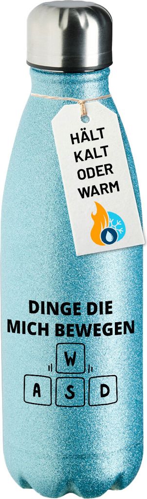 Huuraa Trinkflasche Dinge die mich bewegen Tastatur W A S D 500ml Blue Edelstahl Wasserflasche Trinkflasche Geschenkidee